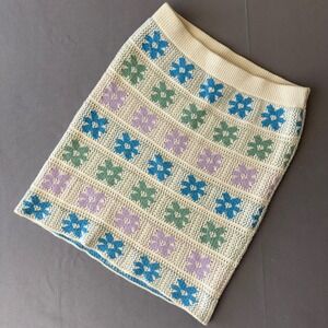Olive + Oak Floral Crochet Knit Mini Skirt Cream Blue Purple Green Medium